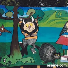 Mangonui Primary School Mural- library mural book characters