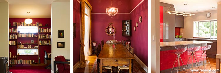 Red in the library, dining room and kitchen