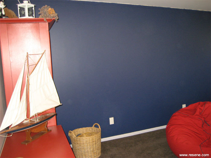 Resene True Blue on bedroom feature wall