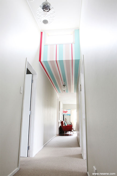 Hall stripes in Resene Onepoto, Resene Dust Storm,  Resene Knock Out and Resene Alabaster