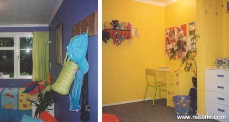 2 Blue and 2 yellow walls combine with green curtains create a zingy colour scheme. 
