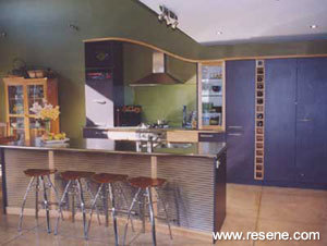 Resene Enamacryl Metallic tinted to Resene Phantom looks great used next to the aubergine/timber/stainless kitchen