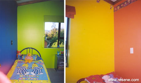 Blue and green boy's room and an orange and yellow girl's room are both bright and colourful  with colours chosen from Resene's wide range.