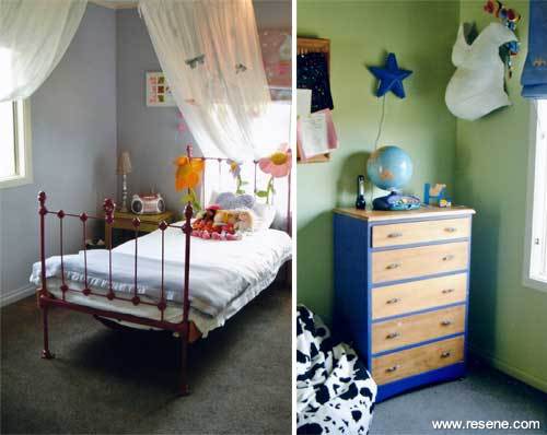 Daughters' bedrooms finished in Resene Caper, one in Resene Lola 