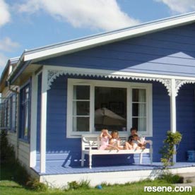 Blue and white cottage exterior