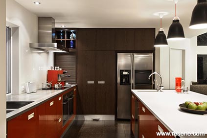 Red and timber kitchen