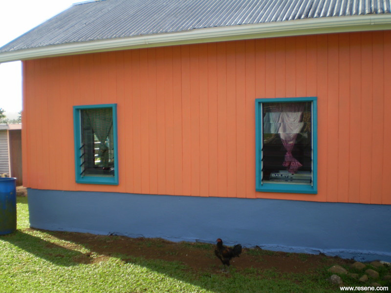 Red and blue Fijian home exterior