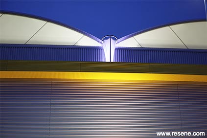 Blue and yellow stadium exterior