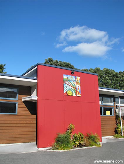 Red and timber school exterior