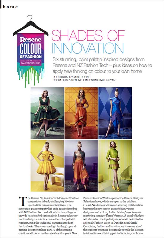 Garments created by NZ Fashion Tech students inspired by Resene colours and featured in Next magazine