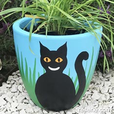 Painted plant pot with cat grass