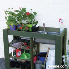 Potting bench with wheels