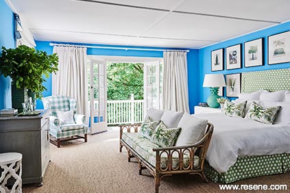 Blue, green, white master bedroom