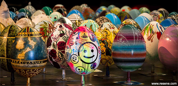 Resene colours on dozens of painted eggs featured in the Whittaker’s Big Egg Hunt