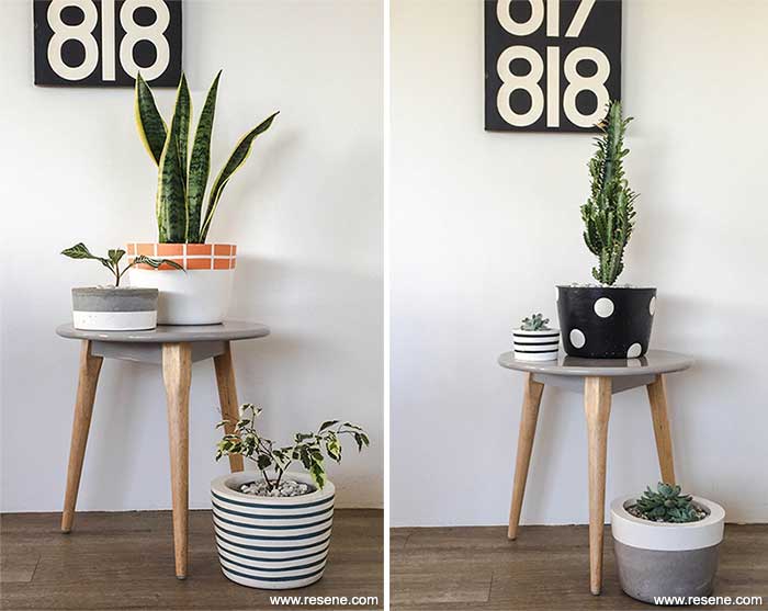 Resene colours and products feature on the painted concrete pots made by Chalk Design