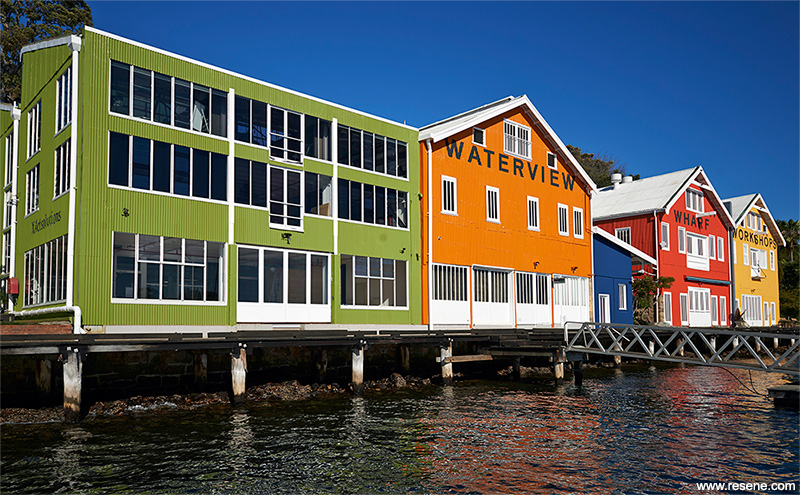 Waterview Wharf Workshops, Sydney are repainted in bright Resene colours
