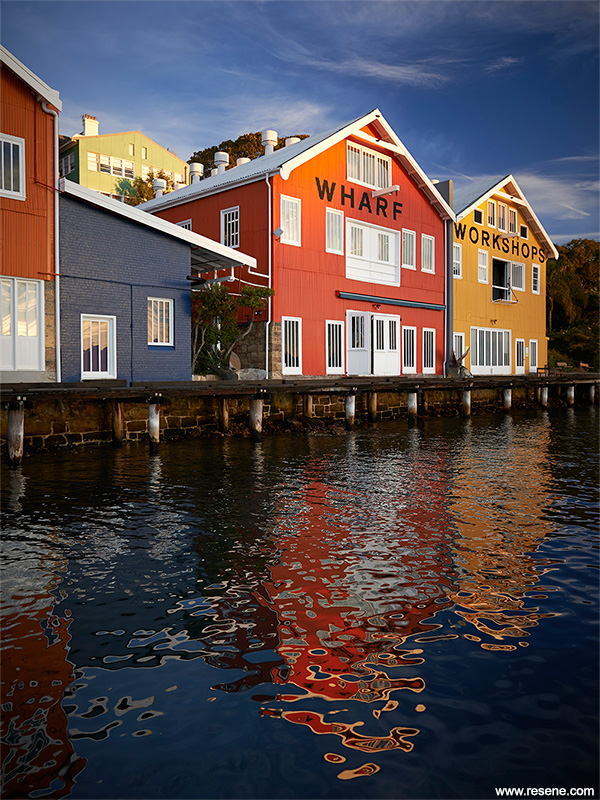Award winning colour scheme of Resene colours on the Waterview Wharf Workshops, Sydney