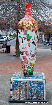 Amphora is a sculpture  
            formed out of Resene tinplate (recycled paint cans) twisted and turned to suit the final design.