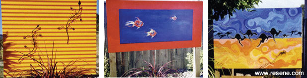 garden screens and artworks painted with Resene Paints testpots