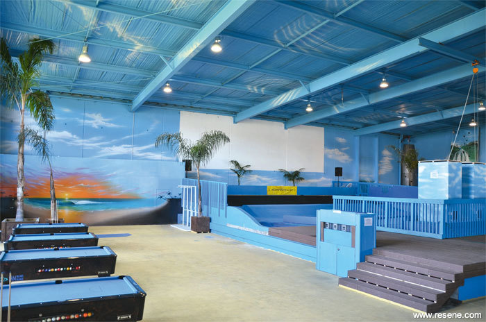 The Wavebox's interior decoration has a surfing theme