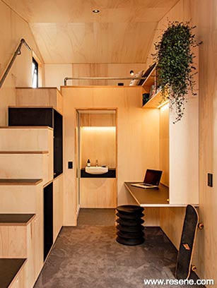 Beautiful plywood clads this tiny home interior