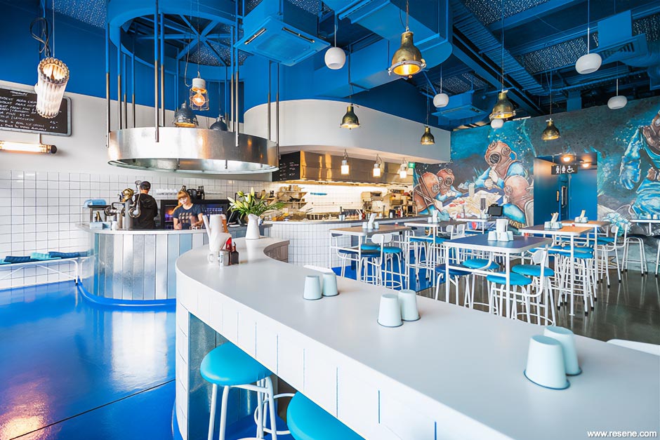Fush restaurant - bold blue and white interior