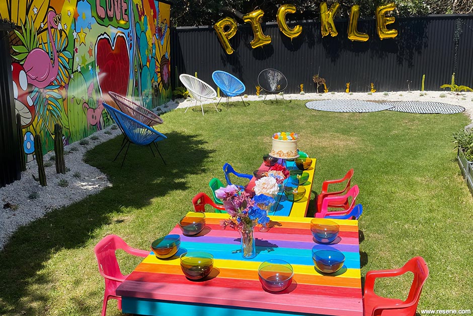 Colourful outdoor picnic table