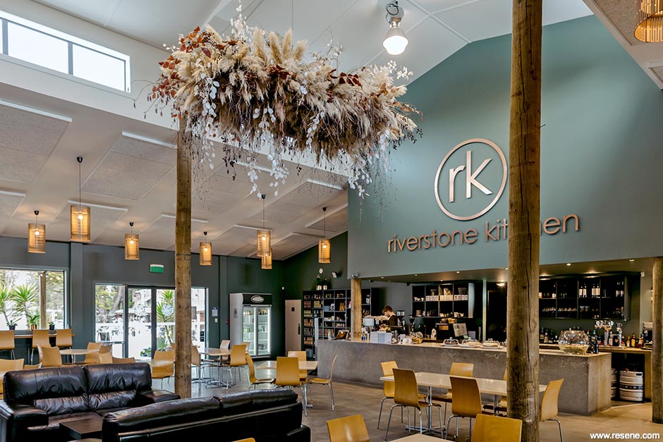 Restaurant interior in Resene Green Meets Blue - warmth and depth