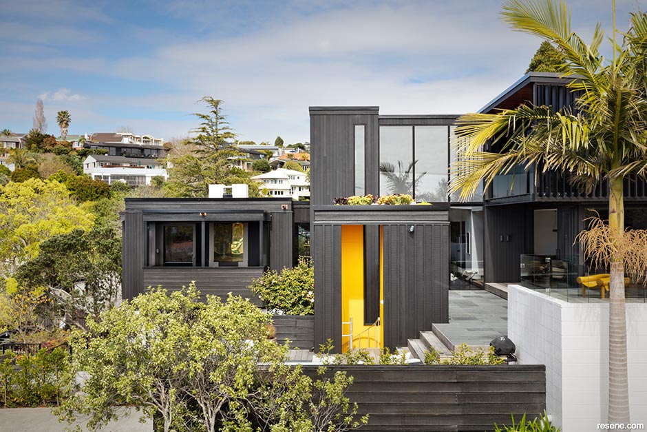 Home exterior with dark timber cladding