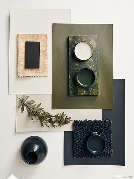 An olive green and charcoal blue mood board