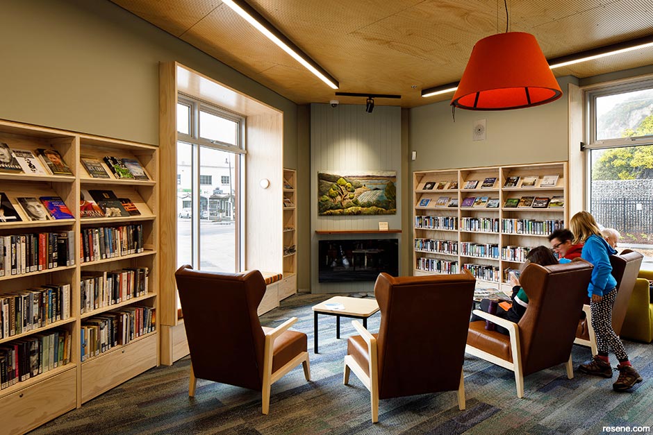 A library with a cosy colour palette