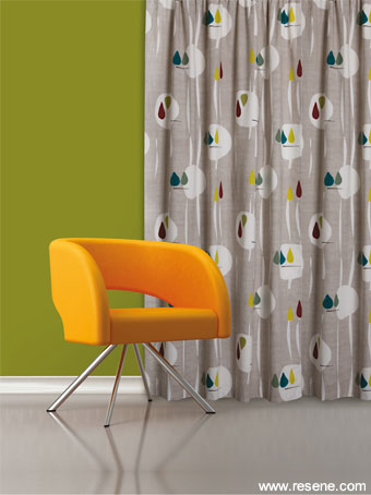 Resene Abstraction fabric from the Resene Curtain Collection, pictured here with Resene Kombi on the wall