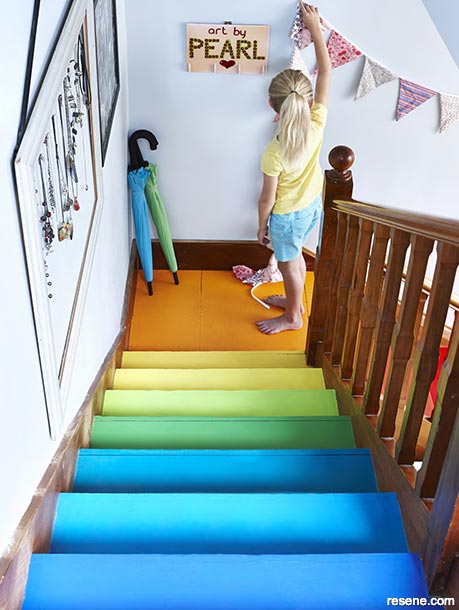 Rainbow coloured stairs make you smile