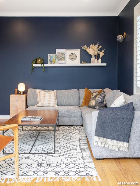 A cosy living room using a blackened blue - Resene Indian Ink