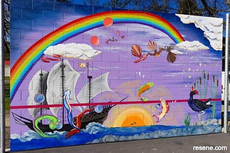 Little River Tennis Courts mural sailing ship and rainbow