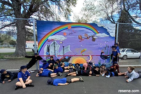 Little River Tennis Courts mural sailing ship,  rainbow and kids
