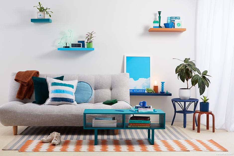 A kids' lounge with blue accessories