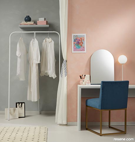 A sophisticated grey/pink dressing room