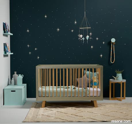 A night sky themed kid's bedroom