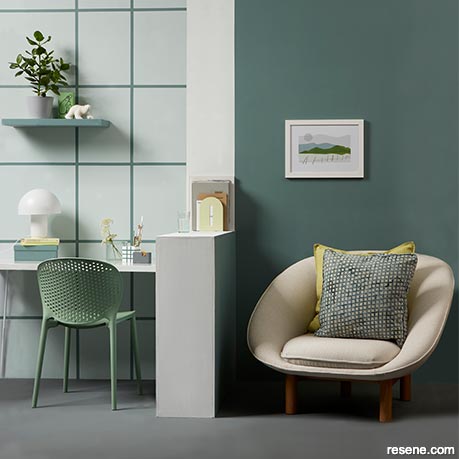 A nature inspired home office - grey-toned greens