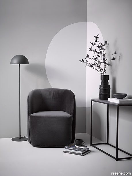 A sitting area painted with multiple shades of grey