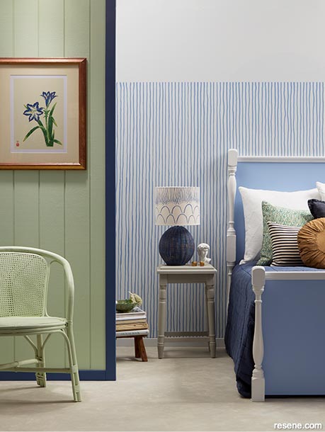 A patterned headboard with sky blue vertical lines