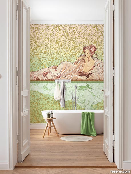 A luxurious bathroom update - hanging wallpaper