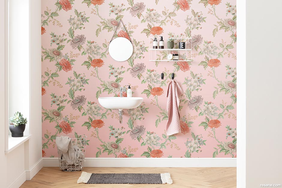 Botanical print wallpaper on soft pink background