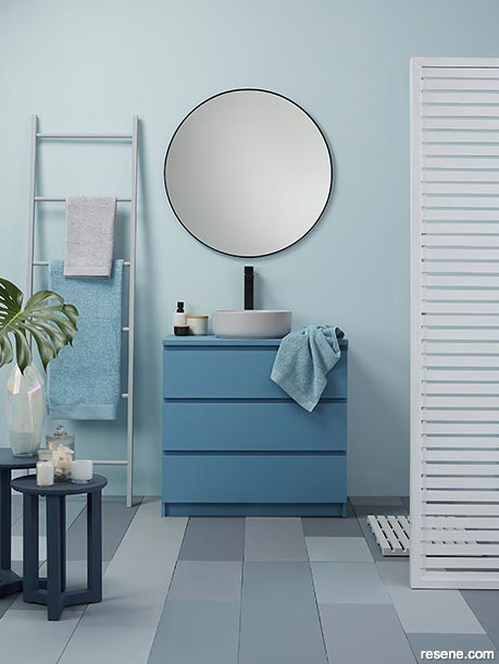 A stylish blue bathroom