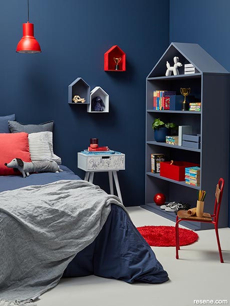 A dark blue kids bedroom