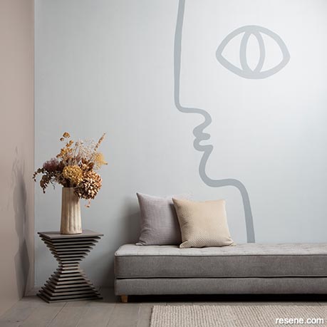 A Bauhaus-inspired face in a sitting area