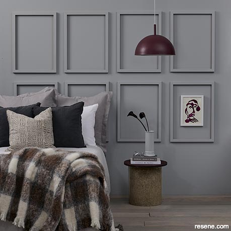 A grey bedroom with battens for a bit of oomph