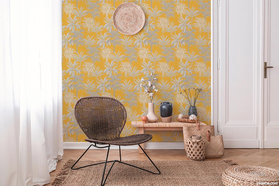 An interior with vibrant gold Resene wallpaper
