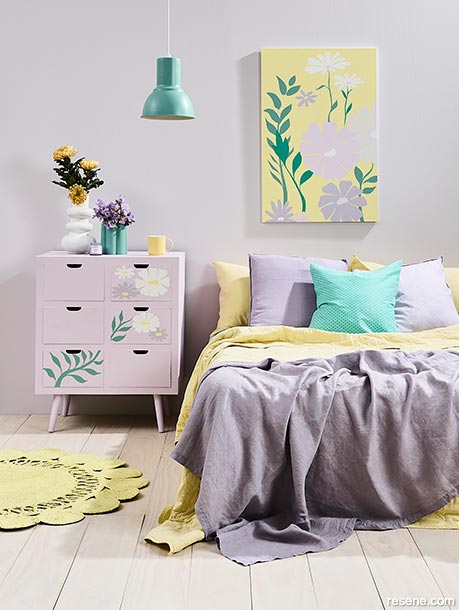 A purple and yellow pastel bedroom